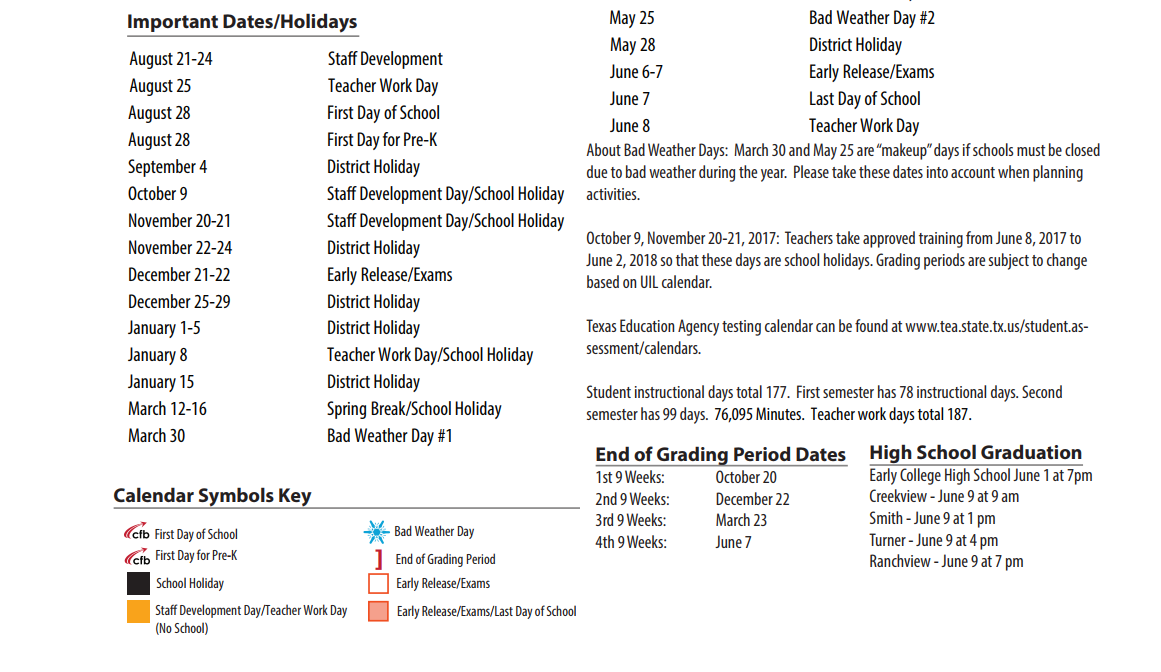 Ranchview High School School District Instructional Calendar