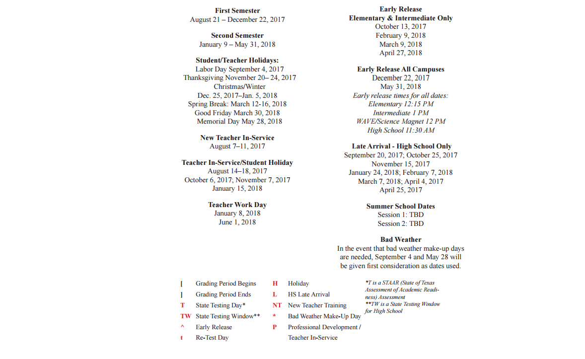 District School Academic Calendar Key for Clear Brook High School