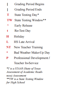 District School Academic Calendar Legend for Armand Bayou Elementary