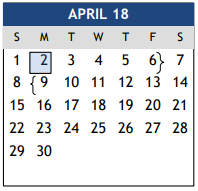 District School Academic Calendar for Center For Alternative Learning for April 2018