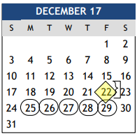 District School Academic Calendar for Center For Alternative Learning for December 2017