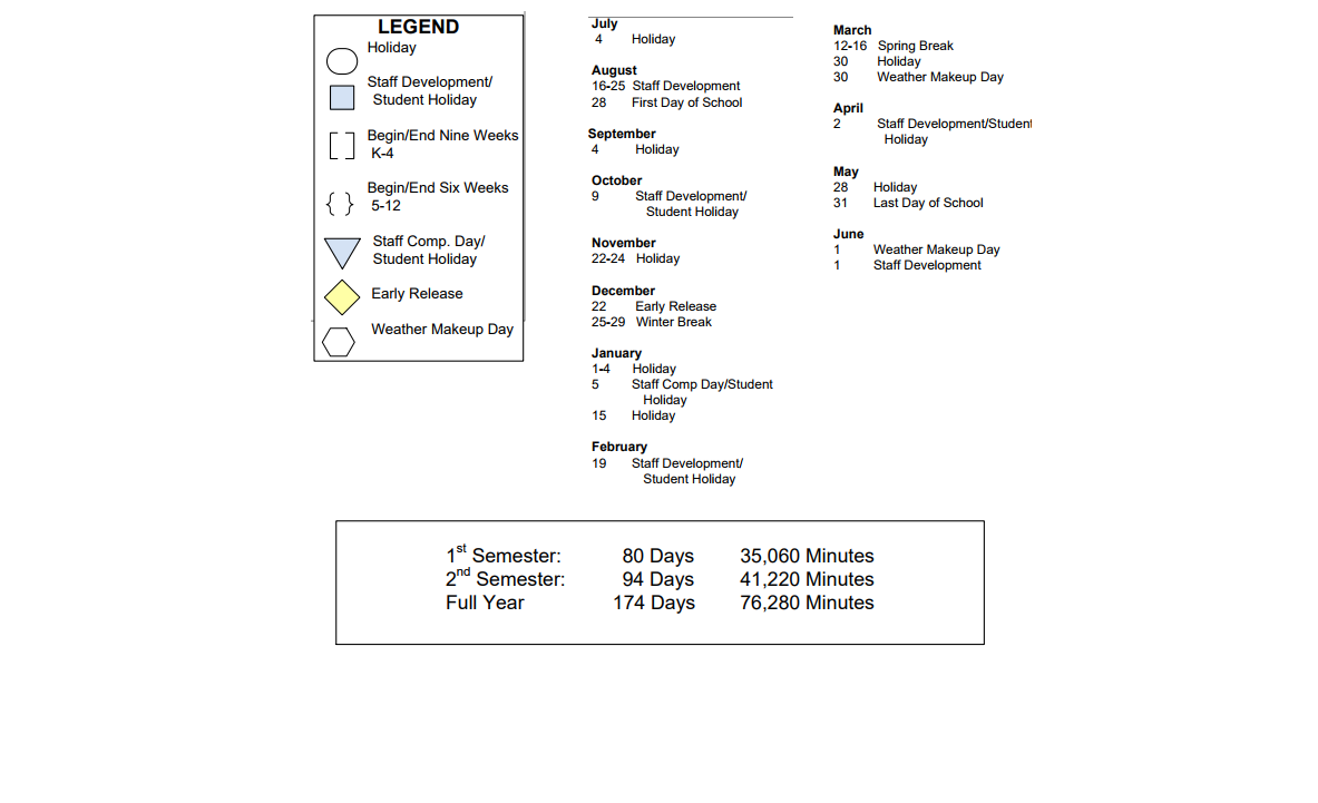 District School Academic Calendar Key for Center For Alternative Learning