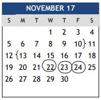 District School Academic Calendar for Pebble Creek Elementary for November 2017