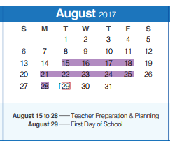 District School Academic Calendar for Mountain Valley Middle School for August 2017