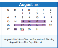 District School Academic Calendar for Memorial High School for August 2017