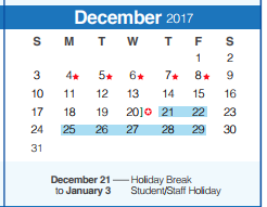 District School Academic Calendar for Mountain Valley Middle School for December 2017