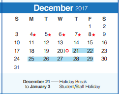 District School Academic Calendar for Arlon R Seay Intermediate for December 2017