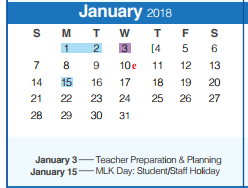District School Academic Calendar for Comal Elementary School for January 2018