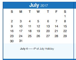 District School Academic Calendar for Smithson Valley Middle for July 2017