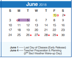 District School Academic Calendar for Rebecca Creek Elementary School for June 2018