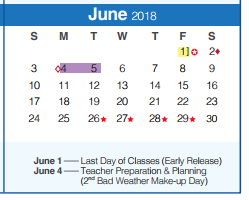 District School Academic Calendar for Bill Brown Elementary School for June 2018