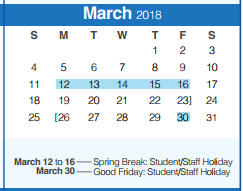 District School Academic Calendar for Bill Brown Elementary School for March 2018