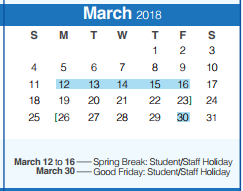 District School Academic Calendar for Spring Branch Middle for March 2018