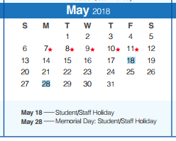 District School Academic Calendar for Smithson Valley Middle for May 2018