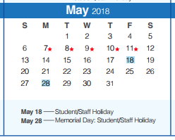 District School Academic Calendar for Hoffmann Lane Elementary School for May 2018