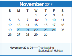 District School Academic Calendar for Mountain Valley Middle School for November 2017