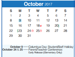 District School Academic Calendar for Memorial High School for October 2017