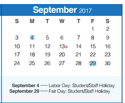 District School Academic Calendar for Smithson Valley Middle for September 2017