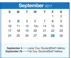 District School Academic Calendar for Spring Branch Middle for September 2017