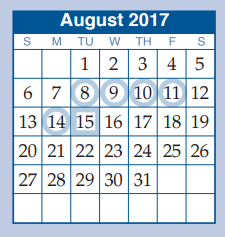 District School Academic Calendar for B B Rice Elementary for August 2017