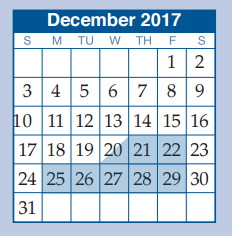 District School Academic Calendar for Next New Intermediate for December 2017