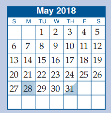 District School Academic Calendar for Mccullough Junior High School for May 2018
