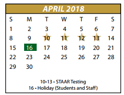District School Academic Calendar for P A S S Learning Center for April 2018