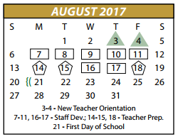 District School Academic Calendar for P A S S Learning Center for August 2017