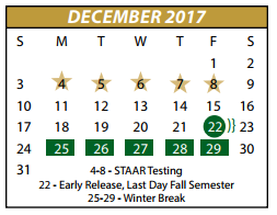 District School Academic Calendar for P A S S Learning Center for December 2017