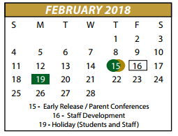 District School Academic Calendar for Amber Terrace Int for February 2018