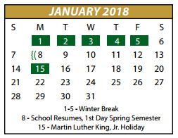 District School Academic Calendar for P A S S Learning Center for January 2018