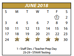 District School Academic Calendar for Northside El for June 2018