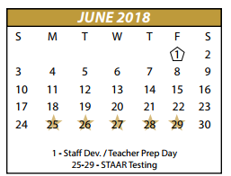 District School Academic Calendar for P A S S Learning Center for June 2018