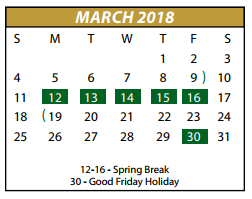 District School Academic Calendar for The Meadows Int for March 2018