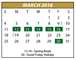 District School Academic Calendar for P A S S Learning Center for March 2018
