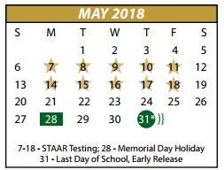 District School Academic Calendar for P A S S Learning Center for May 2018