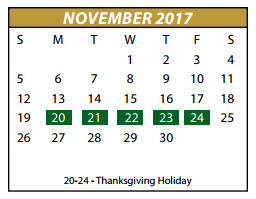 District School Academic Calendar for P A S S Learning Center for November 2017
