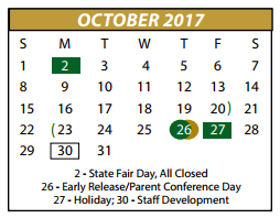 District School Academic Calendar for P A S S Learning Center for October 2017