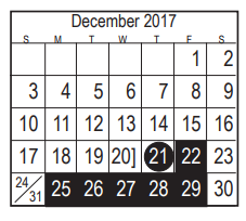 District School Academic Calendar for Early Childhood Center for December 2017