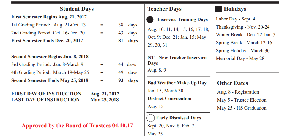 District School Academic Calendar Key for Bonnette Jr High