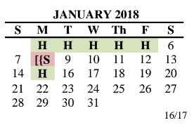 District School Academic Calendar for Hillcrest Elementary School for January 2018