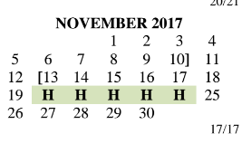 District School Academic Calendar for Del Valle Opportunity Ctr for November 2017