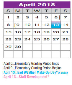 District School Academic Calendar for Joe Dale Sparks Campus for April 2018