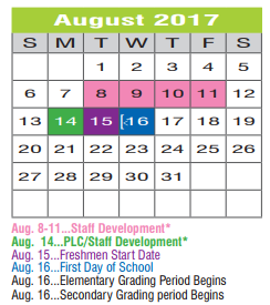 District School Academic Calendar for Joe Dale Sparks Campus for August 2017