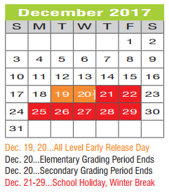 District School Academic Calendar for Denton Co J J A E P for December 2017