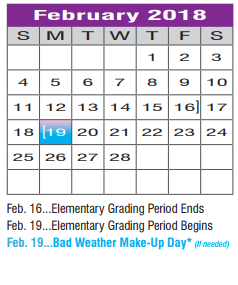 District School Academic Calendar for Denton Co J J A E P for February 2018