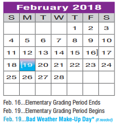 District School Academic Calendar for Community Ed for February 2018