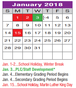 District School Academic Calendar for Denton H S for January 2018