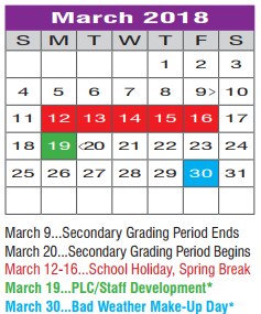 District School Academic Calendar for Regional Day Sch Deaf for March 2018