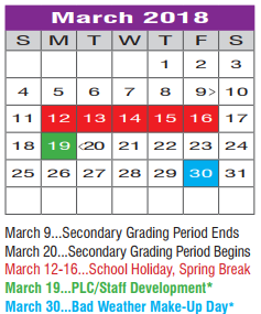 District School Academic Calendar for Mcmath Middle for March 2018